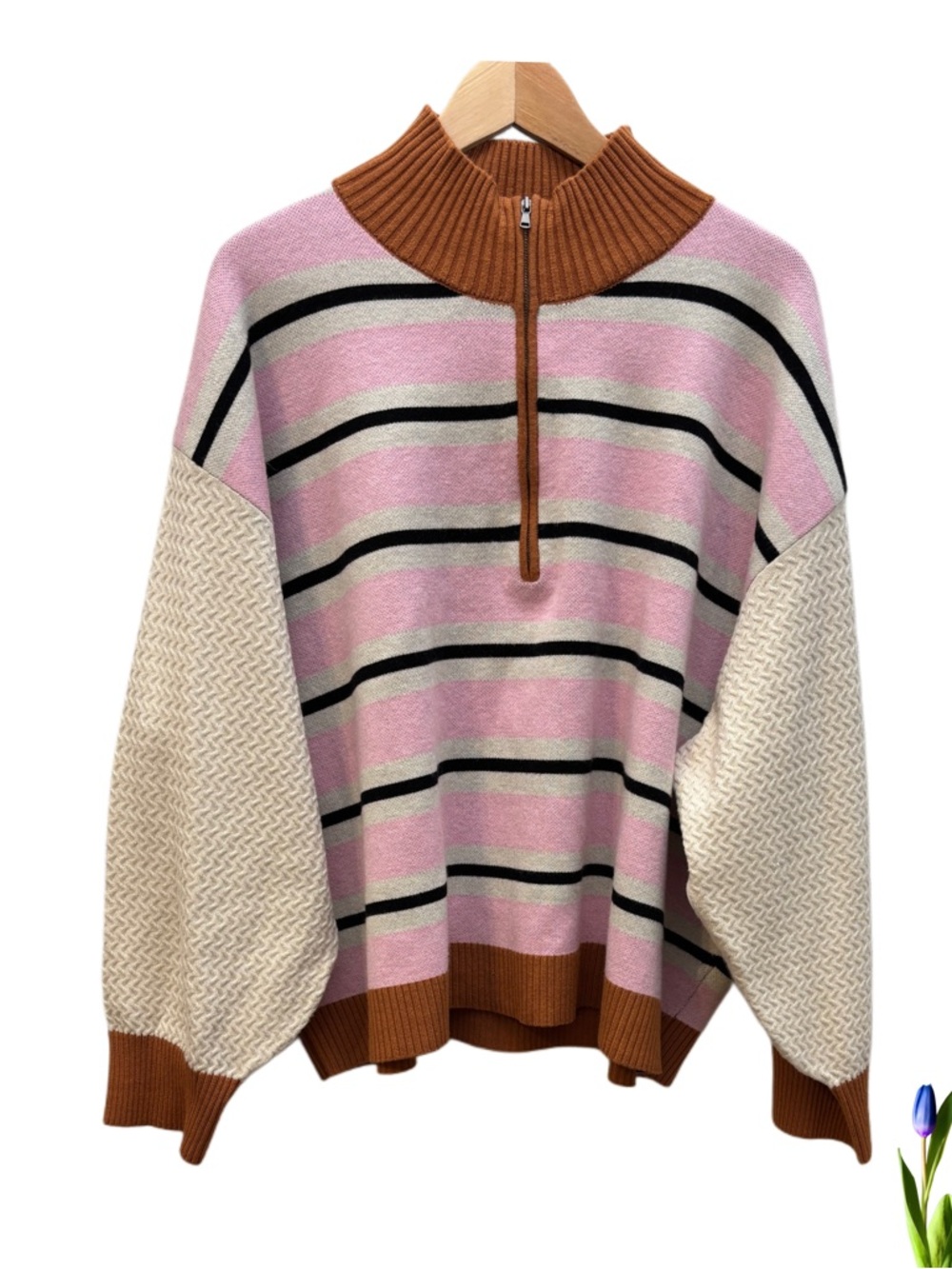 Maeve Pink Striped Half-Zip Sweater with Cream Sleeves and Brown Trim